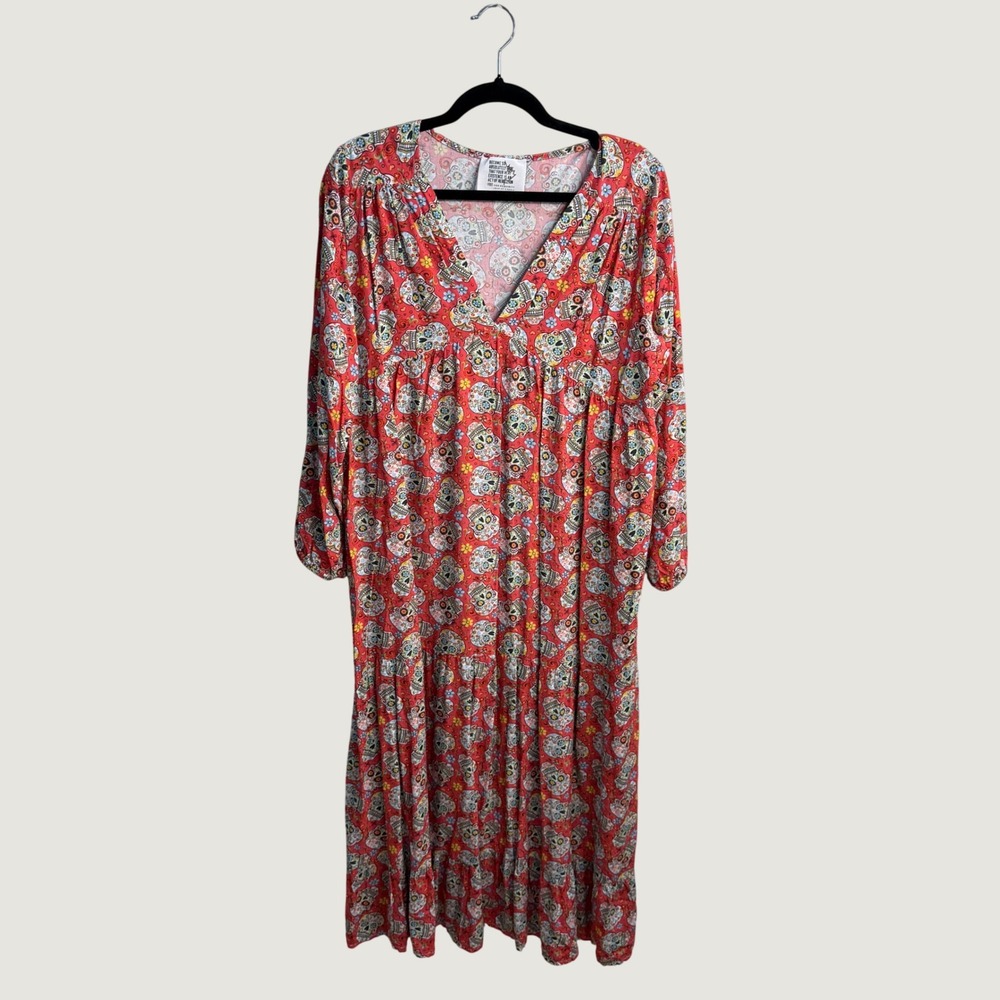 Free For Humanity Sugar Skull Floral Red Maxi Dress Tiered Boho XL (estimated)